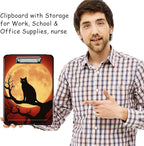 Clipboard with Storage, High Capacity Plastic Storage Clipboard with Low Profile Clip for Women Teachers Work, School & Office Supplies, Cute Pattern Decorative Clipboards, Moon Black cat