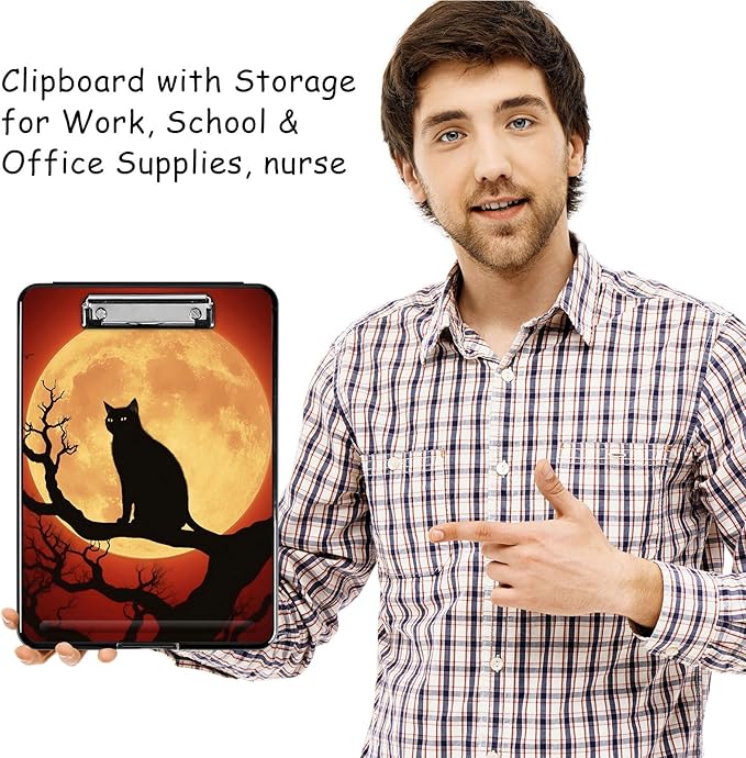 Clipboard with Storage, High Capacity Plastic Storage Clipboard with Low Profile Clip for Women Teachers Work, School & Office Supplies, Cute Pattern Decorative Clipboards, Moon Black cat