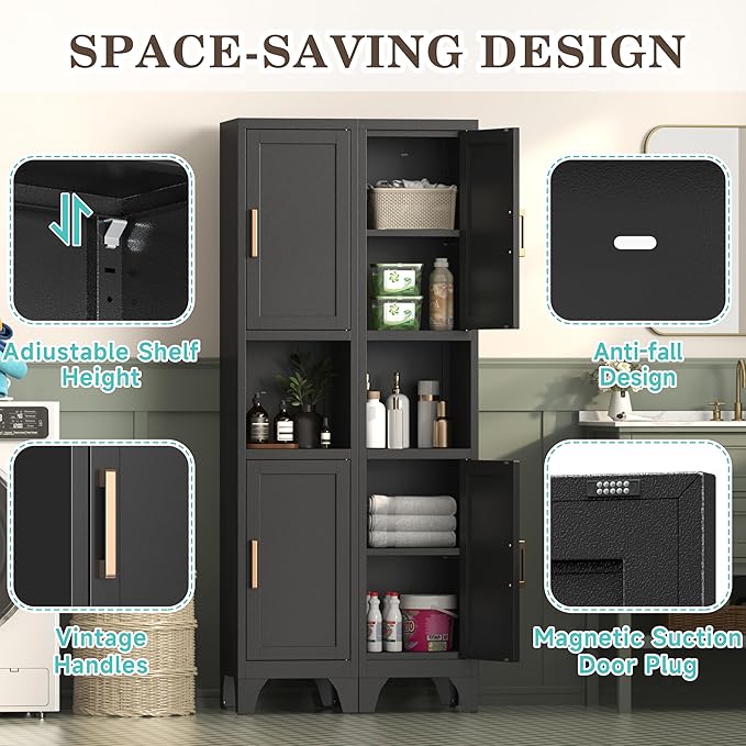 Tall Bathroom Storage Cabinet,Metal Slim Narrow Bathroom Organizer with Open Shelves and Adjustable Shelving,Ideal for Small Spaces,Living Rooms, Entryways, Kitchens - Assembly Required (Black)
