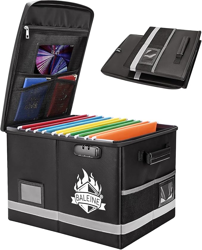 BALEINE Fireproof Document Box with Lock, Portable Fireproof Document Bag Waterproof Fire Proof File Boxes for Documents, File Organizer Box for Important Paperwork (Black, 16''x12.5''x11.5'')