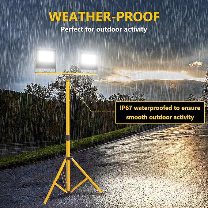 24000 Lumen Work Lights with Stand, 2 Adjustable Head LED Work Light with Adjustable and Foldable Tripod Stand, IP67 Waterproof Lamp Individual Switch with 16FT Cord for Outdoor Construction Lighting