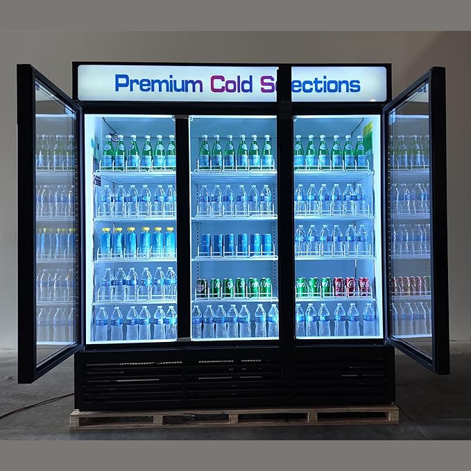 71” Wide Commercial Beverage Refrigerator Display Fridge, Three Glass Door Merchandiser Drink Cooler With LED Light Adjustable Shelves,ETL Sanitation,63.5 Cu Ft,BLACK,Wheels Not Included