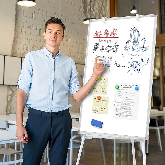 Large Whiteboard with Stand, 36" x 24" Tripod Height Adjustable White Board, 3' x 2' Portable Standing Magnetic Dry Erase Board Easel for Home Office Classroom School, Silver