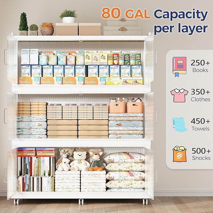 320Gal Extra Large Stackable Storage Bins with Lid, 1280Qt Collapsible Storage Box with Wheels, Closet Organizers and Storage Cabinet Container for Home, Kitchen, Office, 4Pack White Clear
