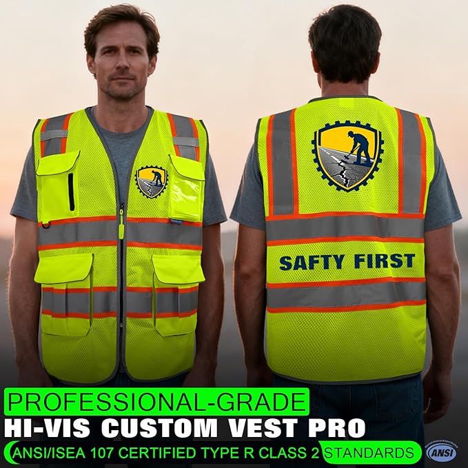 BeautyWill Custom Logo 10 Pockets Safety Vest Class2 ANSI Certified High Visibility Reflective Vest