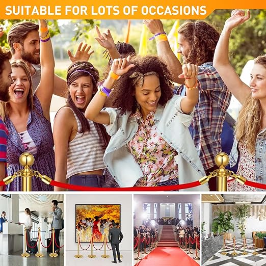 8 Pack Upgraded Stainless Steel Stanchions and Velvet Ropes 5FT Extended Red Carpet Ropes Poles Crowd Control Safety Barriers Set with Stable Base for Theaters Parties Wedding Exhibition (Gold)