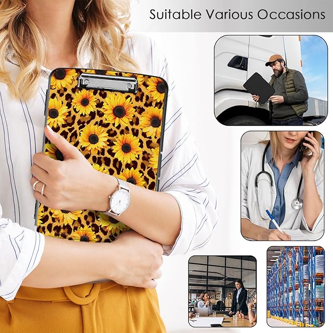 Clipboard with Storage,Office Supplies Nursing Clipboards Folder with Pen Holder Plastic Storage ClipBoard Foldable for Teacher Nurse,Sunflower Leopard Print