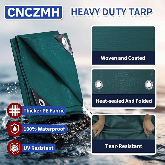 Heavy Duty Tarp Waterproof 12x20 Feet, 10 Mil Thick Green Poly Tarps Outdoor, Metal Grommets, Reinforced Edges, Multipurpose Tarpaulin Protective Cover for Camping, Boat, Swimming Pools, Car
