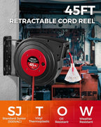 Retractable Extension Cord Reel, 45 FT Heavy Duty Power Cord, 12AWG/3C SJTOW, 3 Grounded Outlets Lighted Triple Tap, 15 Amp Circuit Breaker, UL Listed, Red R45CR06