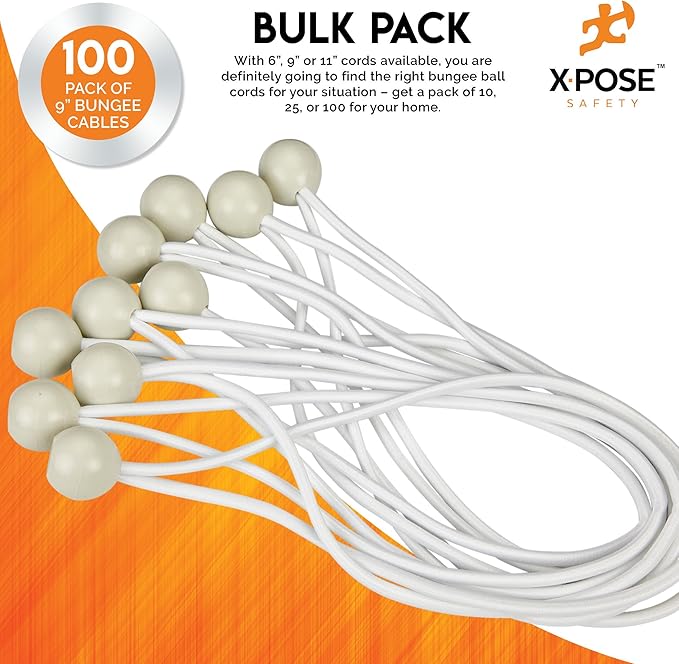 Xpose Safety Bungee Ball Cords 9" 100 Pack Heavy Duty White Stretch Rope with Ball Ties for Canopies, Tarps, Walls, Cable Organization