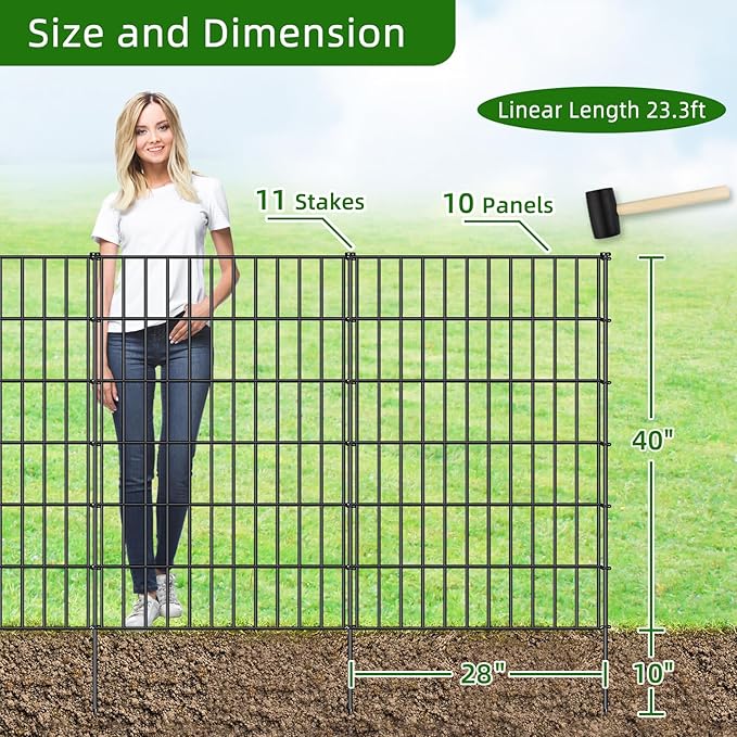 Metal Garden Fence 40in (H) x 23.3ft (L), 10 Panels + 11 Stakes Dog Fences Border Fence Animal Barrier, No Dig Garden Fencing for Yard Flower Bed Lawn Patio Outdoor, PIN402810 Black