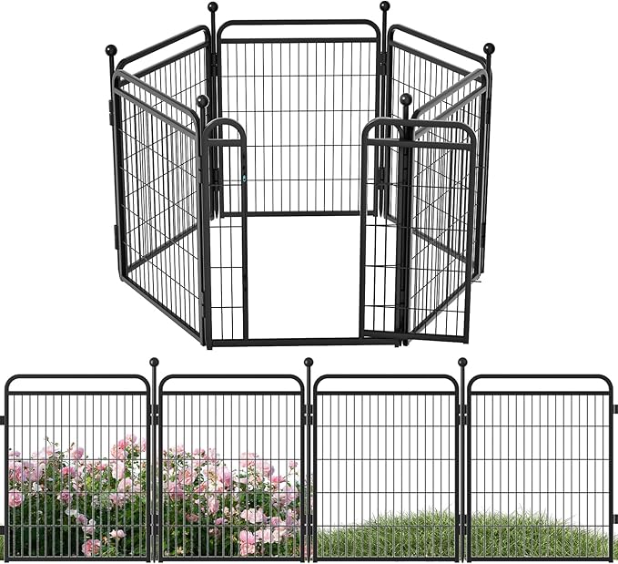 32 in(H) Decorative Garden Fence Outdoor for Yard with Gates,Heavy Duty Iron 6 Panels Total 13ft(L) Anti Dig Fence with Gravity Automatic Lock for Indoor/Outdoor Decorative Dog Fence,Black