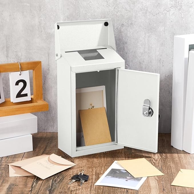 Metal Mount Wall Donation Box Key Lock Money Cash Drop Box with Top Slot and 2 Pcs Reflective Sign 10 x 5.5 x 3 Inch Safe Lock Mailbox with 2 Keys for Outside Office Business Home(White)