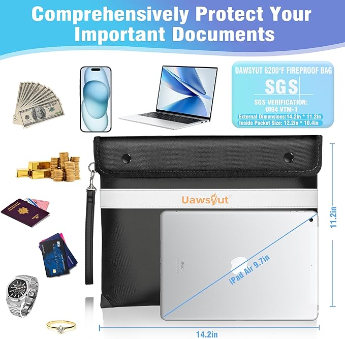 Fireproof Document Bag - 6200°F Important Document Bags with Zipper, Water Resistant Fire Proof Money Bags for Cash, Cell Phone, Tablet, Credit Card,Passport and Valuables (14.2"x11.2", Black)