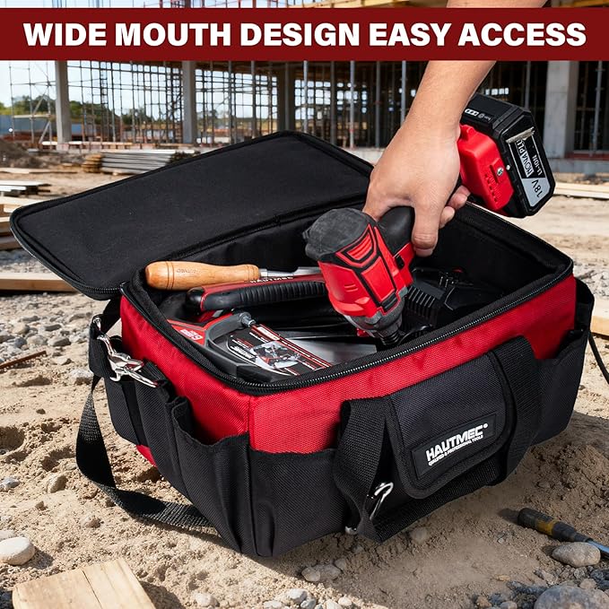HAUTMEC 16-Inch Multi-Function Tool Bag with Removable Divider, Heavy-Duty 1680D Quick Action Tool Case with Padded Shoulder Strap & Trolley Sleeve, Rigid Structure & Wide-Opening Design - HT0401