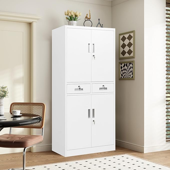Metal Storage Cabinet, Locking Storage Cabinet with Adjustable Shelves and 2 Drawers, 16" D x 32" W x 71" H Steel Cabinets for Office, Garage, Home, Classroom, Utility Room(White)