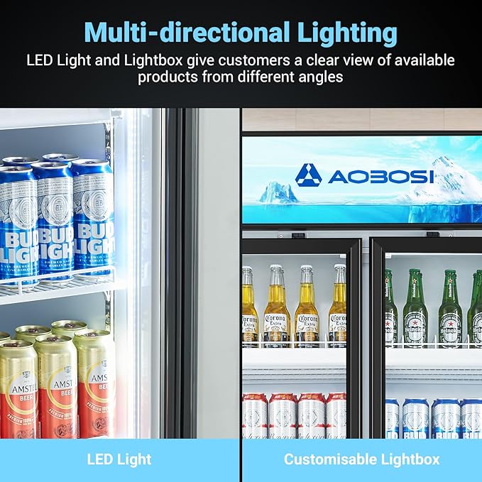 AAOBOSI Commercial Merchandiser Refrigerator,36.8 Cu.Ft Glass Door Display Refrigerator,Upright Beverage Cooler Fridge with Soft LED Light, Customizable Lightbox,Universal Casters, Adjustable Shelves