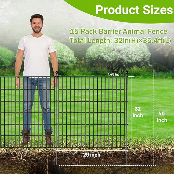 15 Panels No Dig Decorative Outdoor Garden Fence for Yard, 32 in(H) X 35.4 ft(L) Animal Barrier Fencing Rustproof Metal Wire Panel Border for Dog, Rabbits, and Patio Temporary Ground Stakes