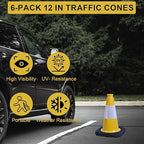 OrangeStar 6-Pack 12" Traffic Cones, Weighted Safety Cones with Reflective Collar for Driving Practice, Sports Training, Parking Lots & Construction, Indoor & Outdoor Use, Yellow
