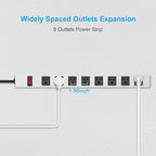 JUNNUJ Metal 8 Outlet Power Strip, Mountable Heavy Duty Power Strip, 1200J Surge Protector Wall Mount Screws Outlet with Switch, Gaming Desk Strips Wide Spaced 15A 125V 1875W, 10 FT 14AWG Power Cord