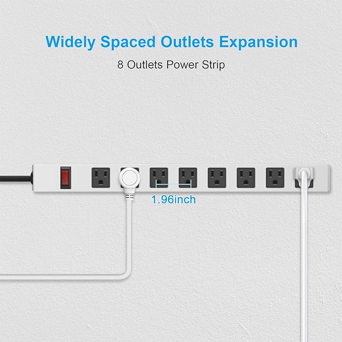 JUNNUJ Metal 8 Outlet Power Strip, Mountable Heavy Duty Power Strip, 1200J Surge Protector Wall Mount Screws Outlet with Switch, Gaming Desk Strips Wide Spaced 15A 125V 1875W, 6 FT 14AWG Power Cord