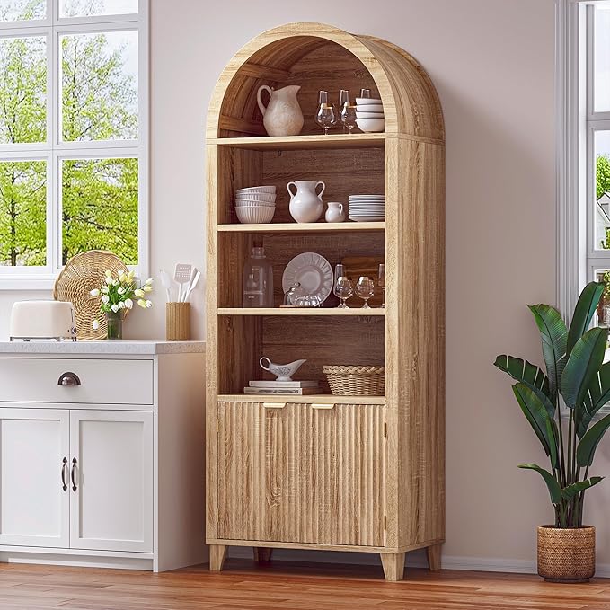 79.9" Tall Arched Pantry Cabinet, 6-Tier Arched Cabinet with Fluted Doors, Kitchen Pantry with Open & Adjustable Shelves, Versatile Cupboard for Dining Room, Living Room, Light Oak