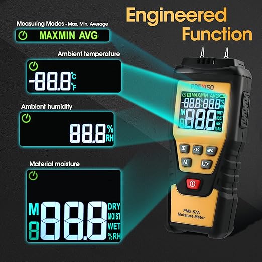PREXISO Wood Moisture Meter - 7 in 1Digital Moisture Meter for Firewood, Woodworking, Walls, Home, Drywall, Paper, Floor - Moisture Reader, Pin-Type Water Leak Detector, Dampness Meter