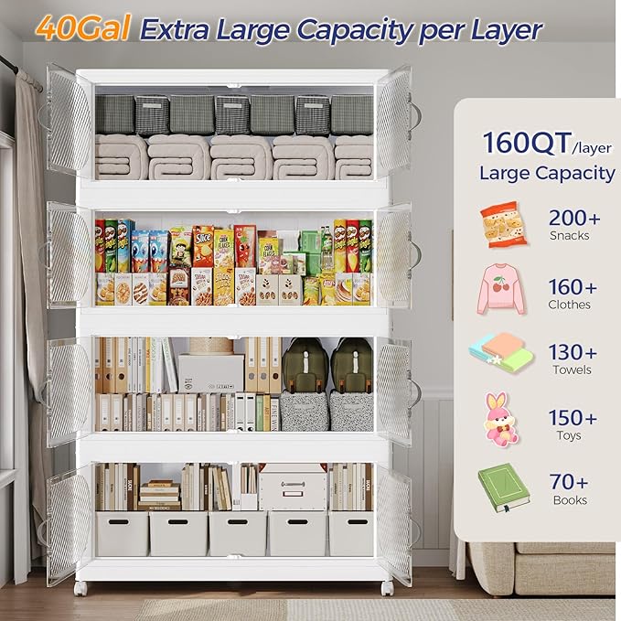 160GAL Plastic Storage Bins with Lid, 640QT Extra Large Stackable Closet Organizers and Storage, Collapsible Storage Boxes with Wheels, Folding Cabinet for Home Kitchen Office, 4Pack White