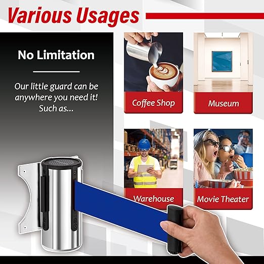 DuraSteel Wall Mount Crowd Control Retractable Belt Barrier - 9.2 Ft Blue Retractables Barrier Belt w/Stainless Steel Casing - Do Not Enter Crowd Control Barriers NOT Stanchions with Retractable Belts