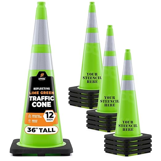 Xpose Safety 36” Lime Green Traffic Cone Dual 6" & 4" Reflective Collar – 12 Pack Multipurpose Premium PVC Safety Cone for Parking, Caution, Construction, Road Crews, Emergency Vehicle - DOT Approved