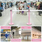 Therwen 6 Pack Heavy Duty Crowd Control Stanchions 9.8 ft Stainless Steel Stanchion Set with 6 Safety Barrier Post Retractable Belt and 1 Sign Holder Crowd Control Barrier(White Belt,Pink)