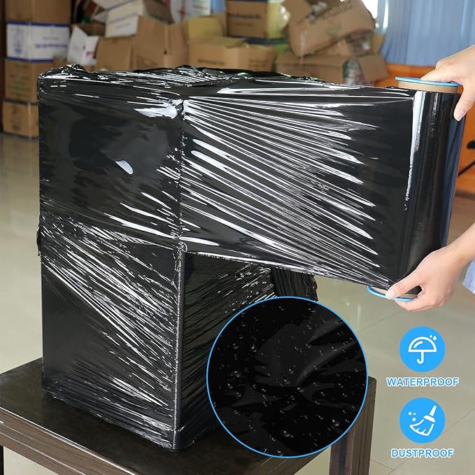 Black Pallet Wrap Stretch Film: 4 Pack Moving Wrapping Plastic Roll with 2 Handles, 18" Strength up to 800%, 80 Gauge Thick Shrink Wrap Roll for Pallet Packaging, Transportation, Stability, Protection