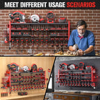 49.8" W Super Large Power Tool Organizer Wall Mount,4-Layer Heavy Duty Tool Storage with 18 Cordless Drill Holder,600 lb Capacity Garage Organization for Garage and Workshop (Red)