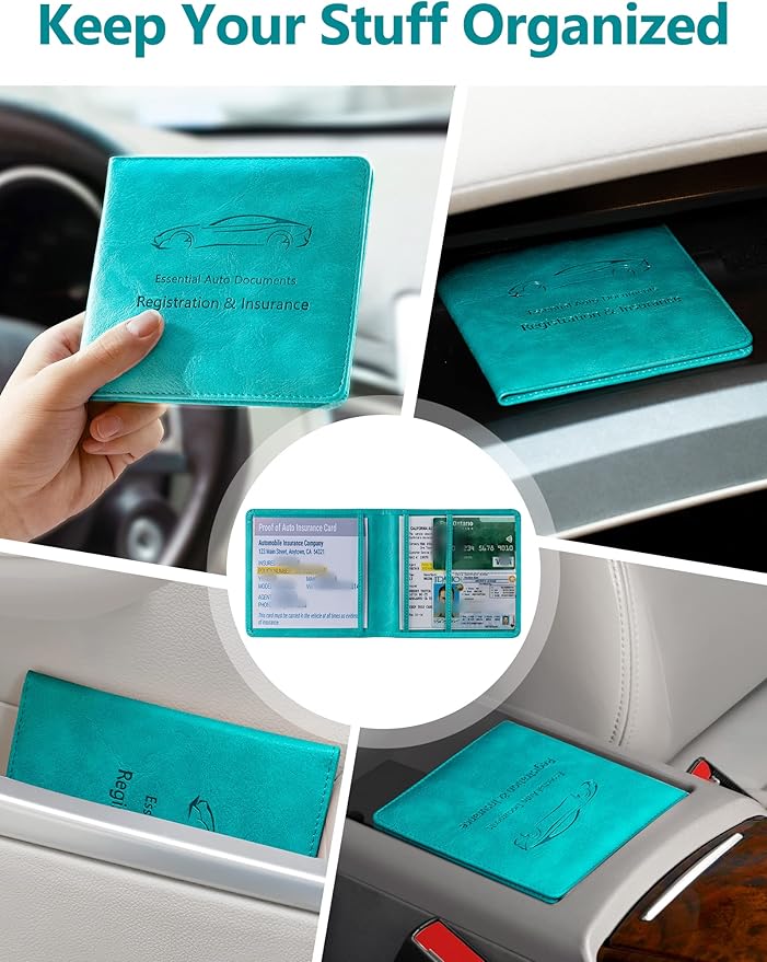 Mymazn Car Registration & Insurance Card Holder, PU Leather Holder with Magnetic Closure, Vehicle Holder for Driver's License & Essential Documents, Turquoise