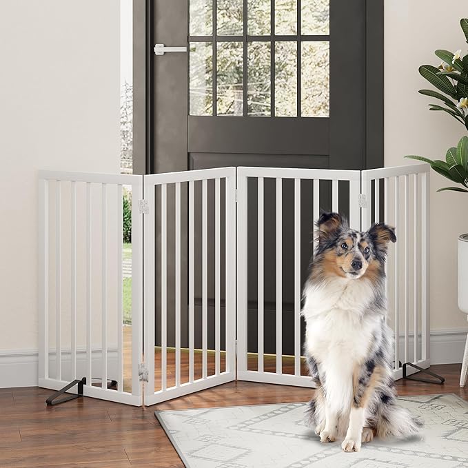 Dog Gates for Doorways, Tall Dog Gate Indoor, Foldable Pet Gates for Doorways Bedroom, Freestanding Puppy Gate with Metal Support Feet, Room Divider, 4 Panels (White)