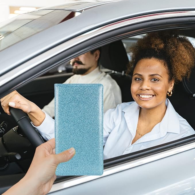 Car Registration and Insurance Holder, Leather Magnetic Shut Vehicle Glove Box Organizer for Document, Card, Driver License, Glitter LightBlue