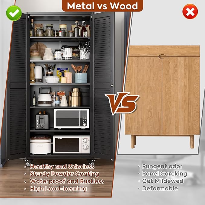 Aobabo Metal Storage Cabinet with Wheels, Locking Steel Storage Cabinet with 5 Shelves,15.75" D x 31.5" W x 71" H, for Garage School Office, Black