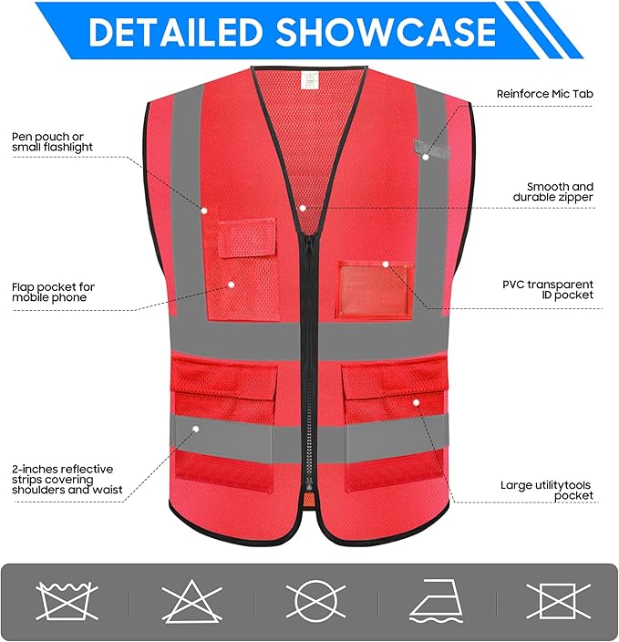 Reflective Safety Vest for Men Women with 5 Pockets and Zipper Front High Visibility