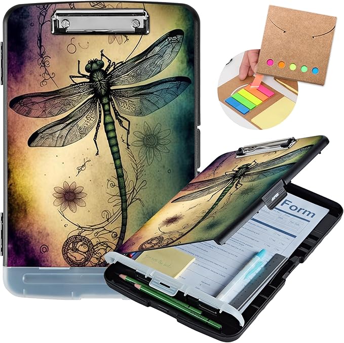 Clipboard with Storage,Heavy Duty Plastic Storage Clipboard with Low Profile Clip,Teacher Must Haves,Office Supplies,Dragonfly Sunflower