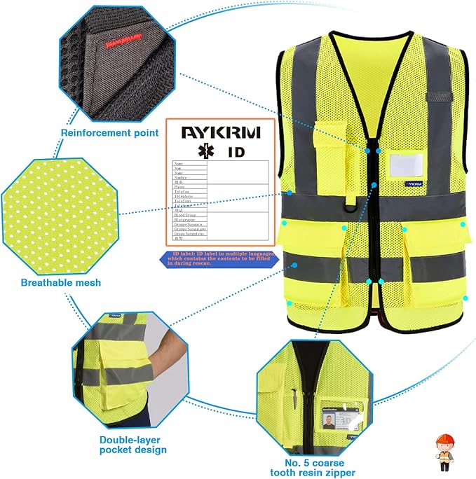 A-SAFETY High Visibility Mesh Safety Reflective Vest with Pockets and Zipper,Hi Vis Viz Reflective Safety Vest(Yellow Mesh XXL)
