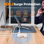 Flat Plug Extension Cord 5 Ft, TESSAN Surge Protector Power Strip Ring Pull with 3 USB (1 USB C) 4 Outlets, 900 Joules Protection, Desktop Charging Station for Home, Office, College, Dorm Room, Gray