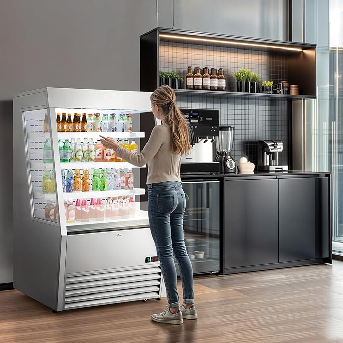 Wilprep Commercial Display Refrigerator, 36" Open Air Merchandiser with 12.2 cu. ft. Volume LED Lighting Night Curtain, Grab and Go Display Refrigerator Showcase for Store Cafe Bar Shop