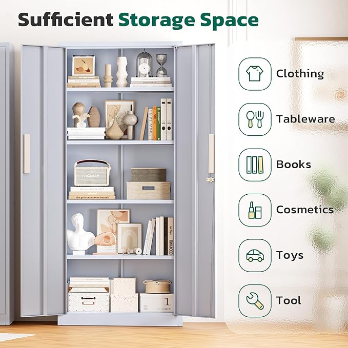 Greenvelly 63" H Metal Storage Cabinet Dark Grey, Locking Metal Cabinet, Store Tools, Clothes, Tableware and Toiletries, Garage Cabinets with Adjustable Shelves for Office, Home, Garage, Pantry