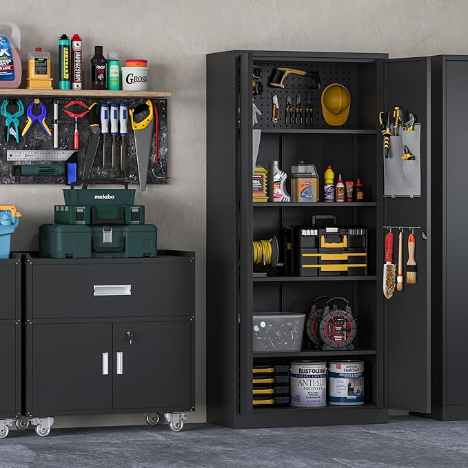 Big Metal Garage Storage Cabinet with Locking Doors, Lockable Heavy Duty Metal Tool Cabinet with Pegboard, Black