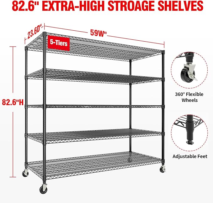 Garvee Heavy Duty 82" H Storage Shelving Unit with Wheels, 3300LBS 5-Tier Metal Shelves w/Feet, Adjustable Wire Shelving Organizer Rack Shelf for Garage, Pantry Rooms &Commercial, 59" W x 23.6" D