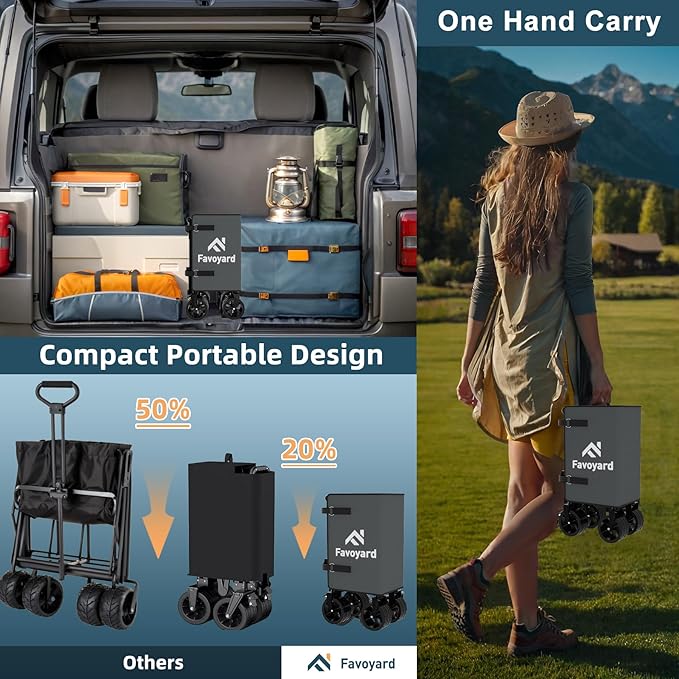 Favoyard Collapsible Wagon Carts Foldable 150L & 360LBS Portable Folding Wagons with All-Terrain Wheels & Brakes Heavy Duty Outdoor Utility Cart for Beach Grocery Camping Shopping Sports Garden, Grey