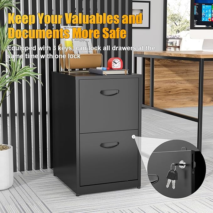 2 Drawer File Cabinet, Metal Two Drawer Vertical File Cabinets with Lock, 18" D Black Storage Filing Cabinet for Home Office, Steel Light Duty Storage for Letter-Size Files, Assembly Required