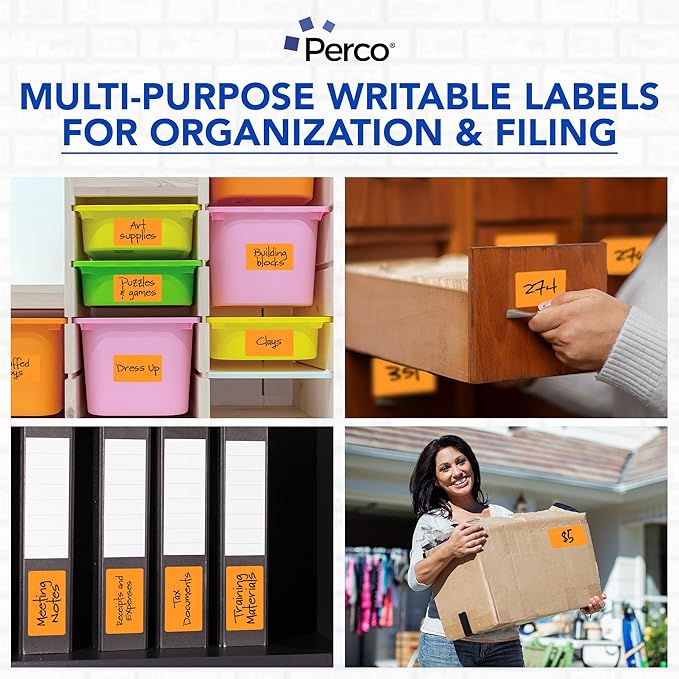 Perco Fluorescent Orange 3x5 Inch Perforated Sticker Labels — 150 Stickers/Roll — with Permanent Adhesive for Inventory Management, Color Coding, Moving Boxes, Retail, Organizing & Crafts—Made in USA