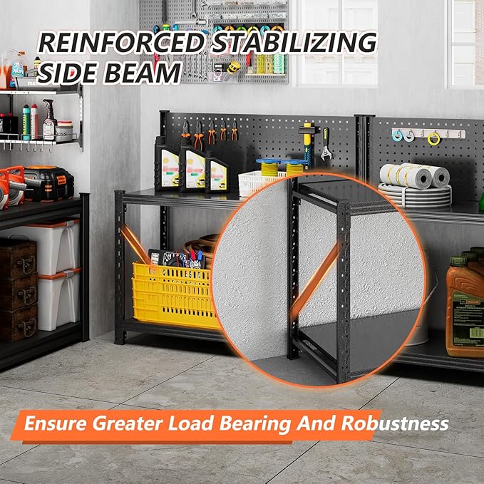 Widened Metal Garage Shelving Unit with Pegboard, Heavy Duty Industrial Storage Shelves with Reinforce Stable Side Beams, Steel Storage Rack for Garage Warehouse Basement, Black