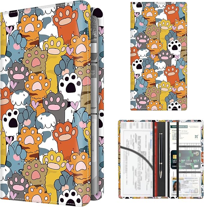 Premium Car Registration and Insurance Card Holder, Cute PU Leather Car Document Holder, Vehicle Glove Box Car Organizer with Magnetic Closure for Driver License, Cards Colorful Paws